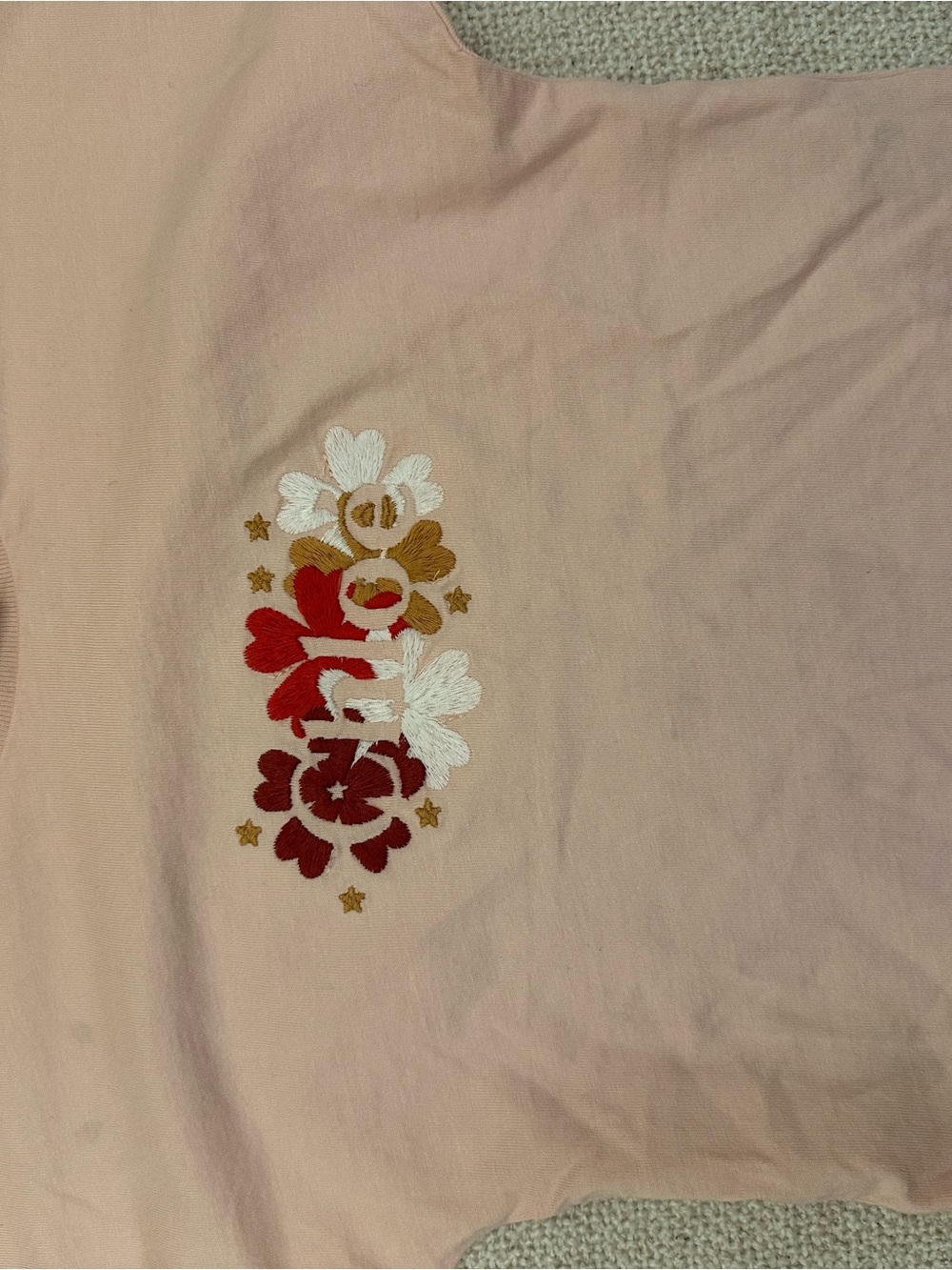 Chloe Pink Long Sleeve Tee with Red, White and Gold Floral Embroidery